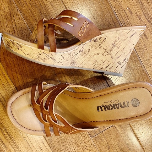 MAKALU Shoes - MAKALU BROWN STRAPPY OPEN BACK CORK WEDGE SANDAL